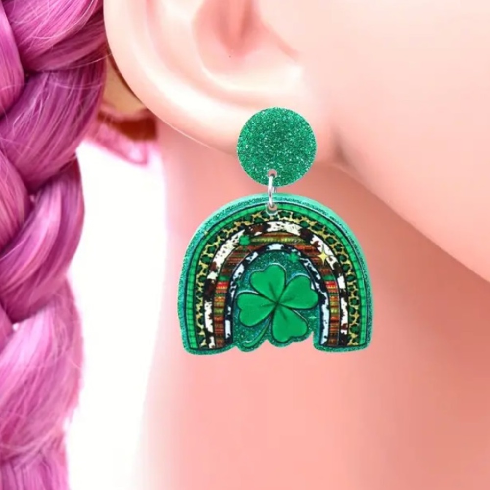 Lucky four leaf green clover acrylic drop earrings stainless steel St. Paddy’s!
